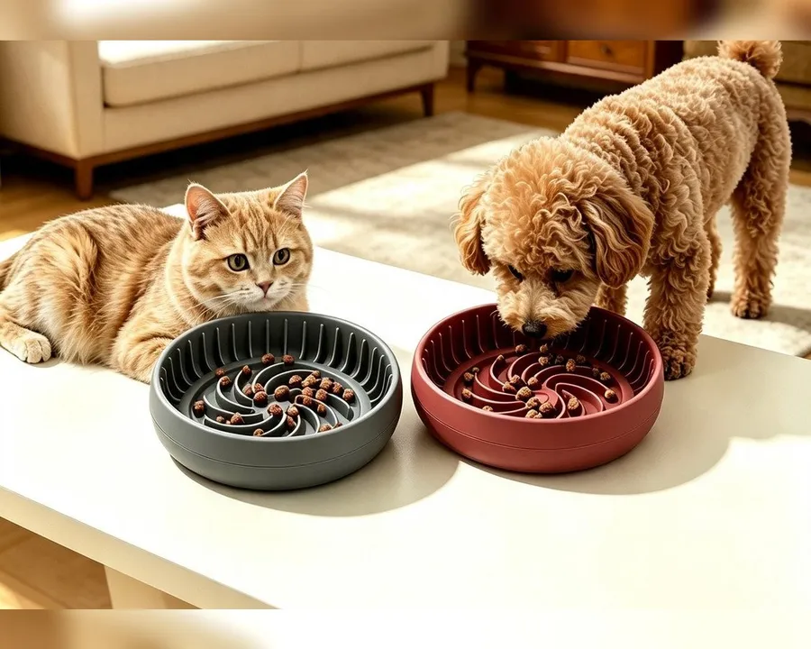 Cat and dog eating from CIROBIN silicone slow feeder bowls